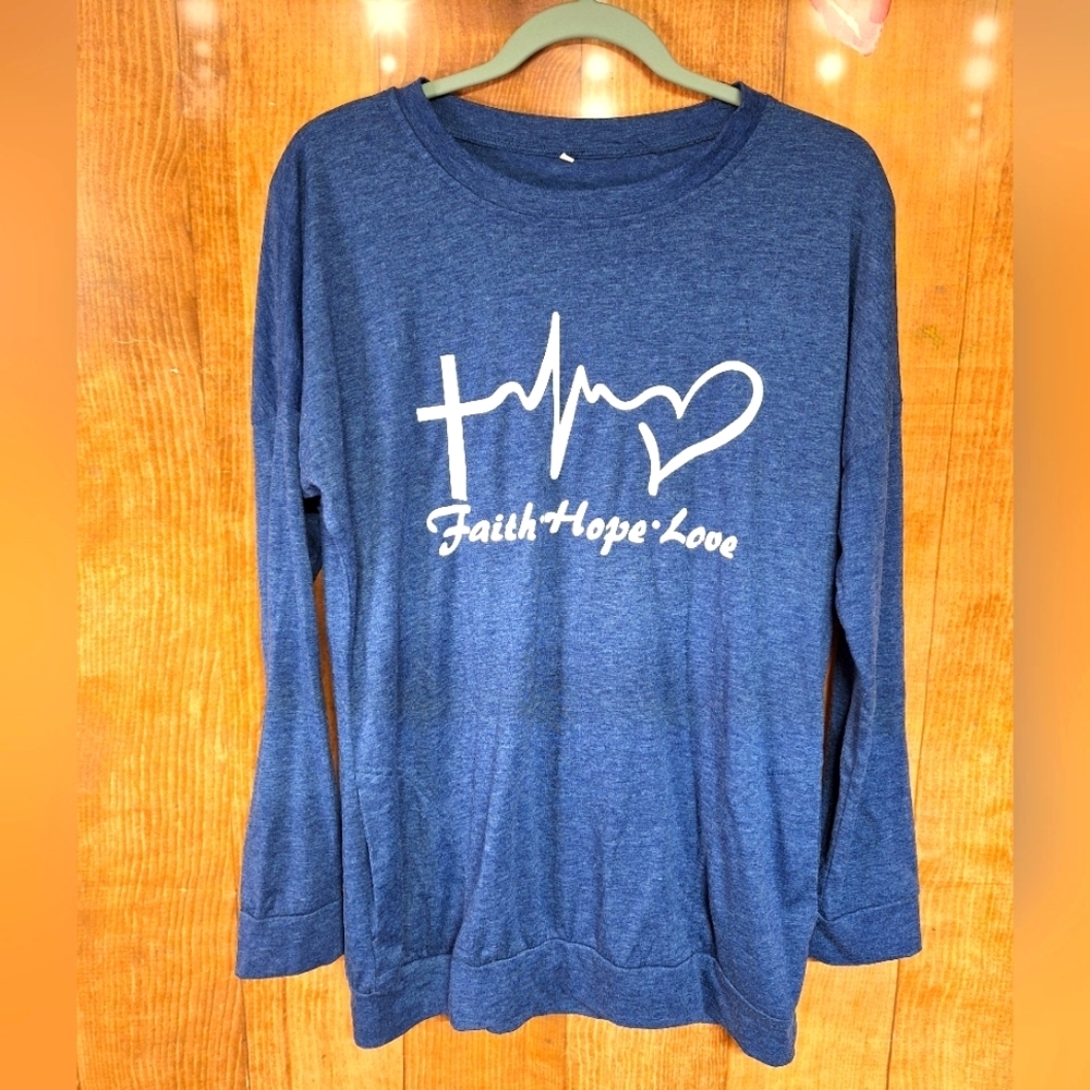 BLUE SWEATER SIZE SMALL FAITH HOPE LOVE